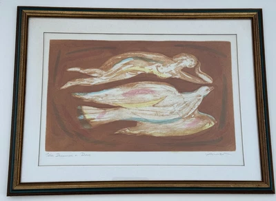 LITOGRAFÍA FIRMADA POR IRVING AMEN SOÑADORA Y PALOMA MUJER RECLINADA Y PÁJARO VOLADOR ARTE Foto 1 de 4