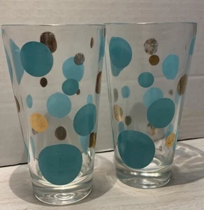 2 Vintage MCM Turquoise and Gold Dot Glass Tumblers 5.25” Stamped B-5 & F-14 - Picture 1 of 7