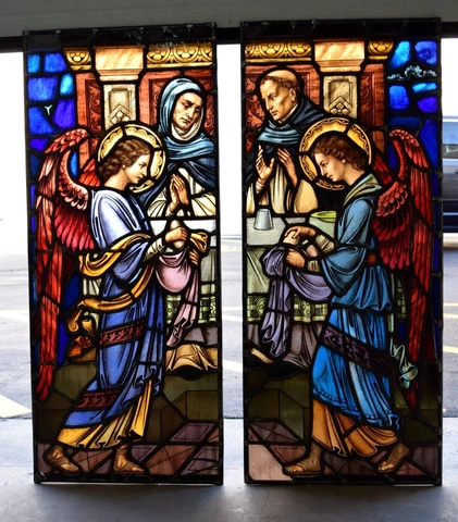 2 Church Stained Glass Window Set, 'St. Dominic, St. Ann & Angels'  (R5) Antique Cover