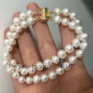 DOUBLE STRANDS SOUTH SEA AAA 8-7MM WHITE PEARL BRACELET 7.5-8 " 14K GOLD CLASP - Picture 1 of 4