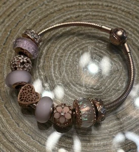 Pandora Rose Moments Snake Chain Bracelet with 9 Rose Charms 7.5 inch / 19 cm - Picture 1 of 13