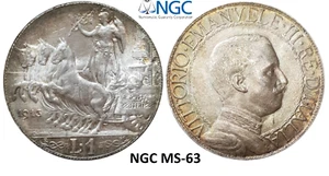 NGC Italy 1913 MS 63 1 Lira Silver Unc Coin Quadriga Full Luster Earlier Type - Picture 1 of 10