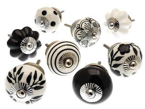 Ceramic Door Knobs Hand Painted Black and White Cupboard Drawer Knobs - Pack 8 