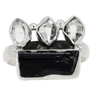 Black Tourmaline Rough & Herkimer Diamond 925 Silver Ring s.8 BR163796