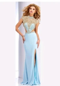 Clarisse Prom Beaded Formal Open Back Long Blue Dress Sz 2 Full Length 2725 - Picture 1 of 17