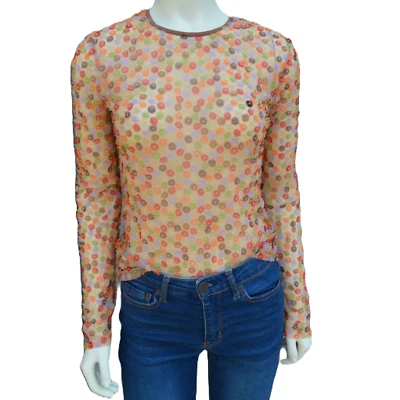 Etcetera VTG XS Top Sheer Flesh Mesh Multicolor Beaded Circles Long Slve Stretch - Image 1 of 4