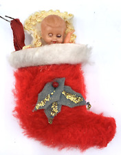 Mid Century Baby Doll Stocking Hand Made Vintage 1950s Christmas Ornament