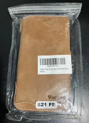 YOGURT Hecho a Mano Samsung Galaxy 21 FE Cuero Cartera Estuche ~ Marrón ~ NUEVO Foto 1 de 4