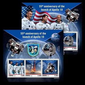Space 55th Anniversary of Launch of Apollo 10 MNH Stamps 2024 Liberia M/S + S/S - Picture 1 of 3