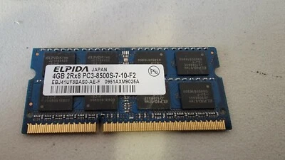 Elpida 4gb 2Rx8 PC3-8500S-7-10-F2 DDR3-1066 SODIMM Laptop RAM EBJ41UF8BAS0-AE-F - Image 1 of 2