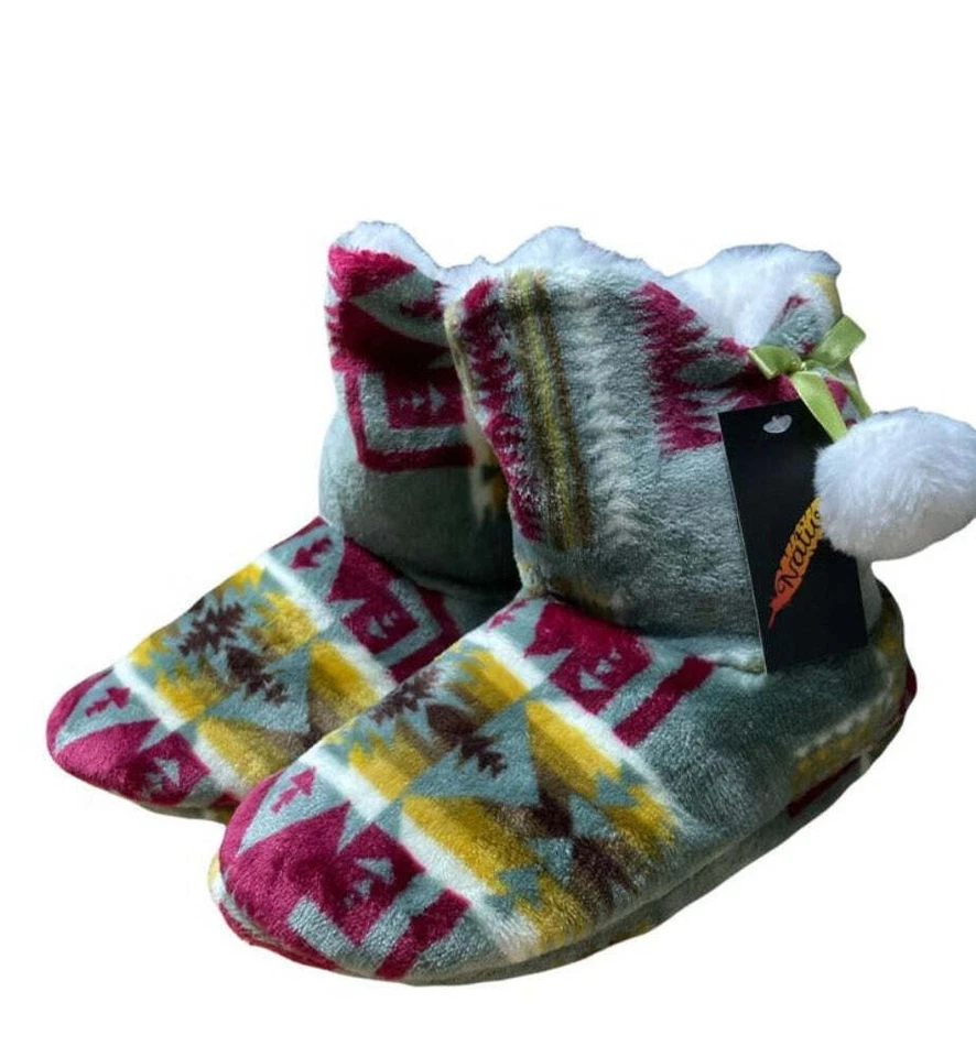New! Women's Grey ANKLE BOOTIE SLIPPERS w/ Burgundy Gold Navajo Print 4 SIZES! - Изображение 1 из 1