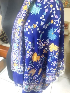 KASHMIRI CREWEL FLORAL EMBROIDERED SHAWL 100% CASHMERE COBALT BLUE PASHMINA - Picture 1 of 11