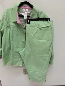 Quacker Factory Women's 3pc  Denim Jacket 3x Bling Lime/Pink -Crop Pants & Top - Picture 1 of 14