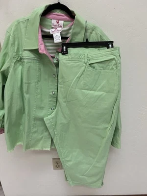 Quacker Factory Women's 3pc  Denim Jacket 3x Bling Lime/Pink -Crop Pants & Top - Image 1 of 4