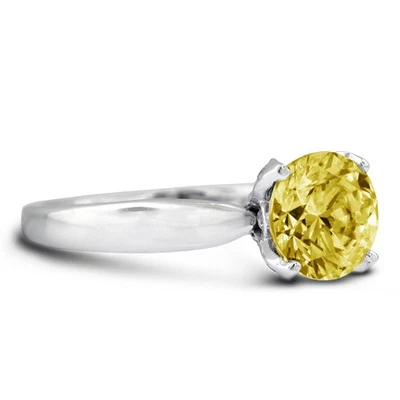 Anillo de piedra lateral plateado diamantes naturales corte redondo SI2 amarillo de 1,35 quilates Foto 1 de 4