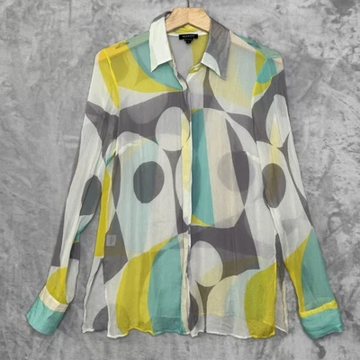 Camisa Worth New York Mujer S Abstracta Gris Amarillo Seda Transparente Botón Frontal Foto 1 de 4