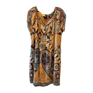 ECI New York Womens Silk Gold Blue Colorful Floral Print Babydoll Dress Size XL - Picture 1 of 12