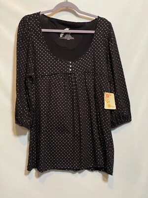 NUEVA Blusa Energie 3X Negra Plateada Lunares Elastizada ALGODÓN Cuello Redondo Nueva con Etiquetas Foto 1 de 4
