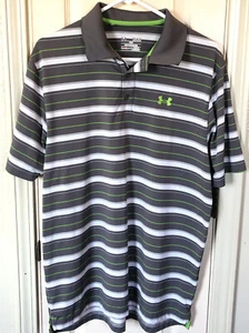 Under Armour HeatGear Mens Golf Med Loose Fit Grey Striped Polo Shirt - Picture 1 of 5
