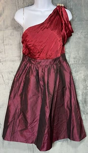 Kay Unger Dress Sz 8 Red Silk Babydoll One Shoulder Midi Empire Waist Flared - Picture 1 of 11