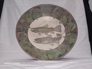 Melissa Leslie Green Art Pottery Bowl 15” Brook Trout Hand Thrown signed 1999 - Picture 1 of 22