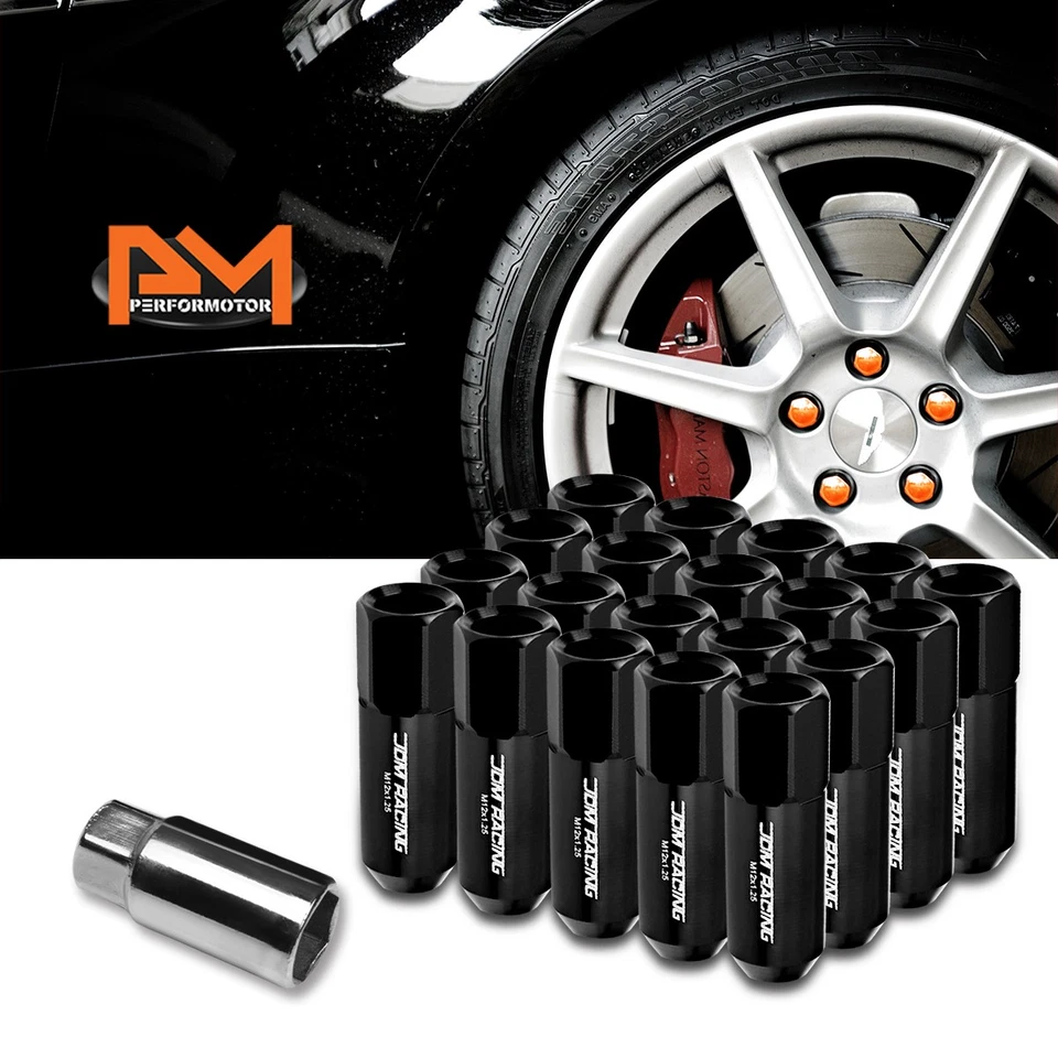 Tuercas hexagonales de bellota de extremo abierto JDM negras M12X1.25 + extensión 25 mm x 60 mm 20 piezas Foto 1 de 4