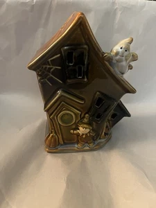 Porcelain Halloween Purple Haunted House Orange Roof Ghost Pumpkin Scarecrow 5"  - Picture 1 of 5
