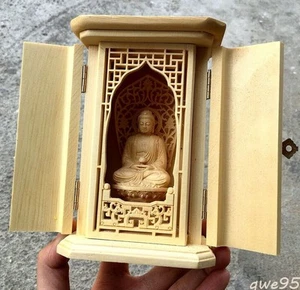 Cypress Wood Carved Sakyamuni Buddha Statue Buddhist Altar Butsudan Shrine Zen - Picture 1 of 4