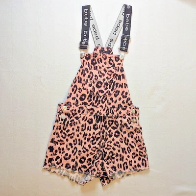 Bebe Girls Shorts Overalls Pink Leopard Print Size M (10/12) Frayed Hem - Imagem 1 de 4