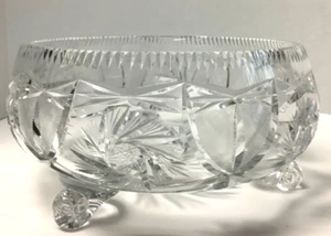 Vtg. Starburst Pinwheel Tri Footed Crystal Cut Glass Heavy Fruit/Punch Bowl 10” - Picture 1 of 10
