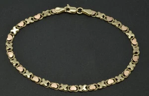 10k Yellow & rose Solid Gold Mirrored Heart & kiss Link Charm Bracelet 7'' 8'' - Picture 1 of 4