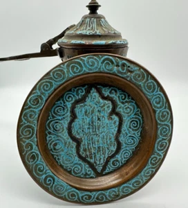 Antique Middle Eastern Copper Enamel Coffee Pot and plate Calligraphic Design - Picture 1 of 13
