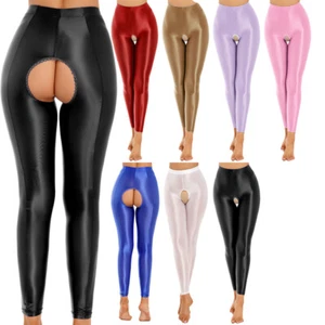 Damen Strumpfhose glänzend dehnbar offener Schritt Gummibund Skinny Pants - Bild 1 von 46