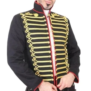 Men Handmade Gold Embroidery Black Military Napoleon Hook Jacket 100% Cotton - Picture 1 of 2
