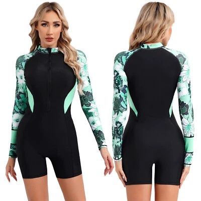Damen Beachwear Sommer Bademode Einteiler Badeanzüge Rompers Rash Guard Langarm - Bild 1 von 3