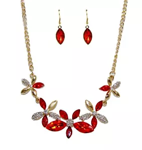 Juego de collar y pendiente de flor de cristal rojo, elegante conjunto de collar de cristal - NUEVO - Imagen 1 de 9