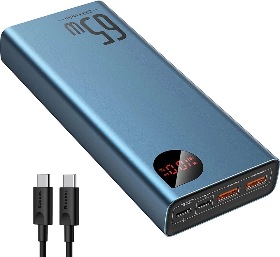 ​Baseus 65W 20000mAh Power Bank Laptop Portable Charger Blue Metal LED Display - Image 1 of 4