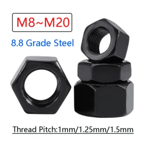 Tuercas hexagonales de acero de grado 8,8 negras estándar tuerca hexagonal rosca métrica M8 ~ M20 - Imagen 1 de 15