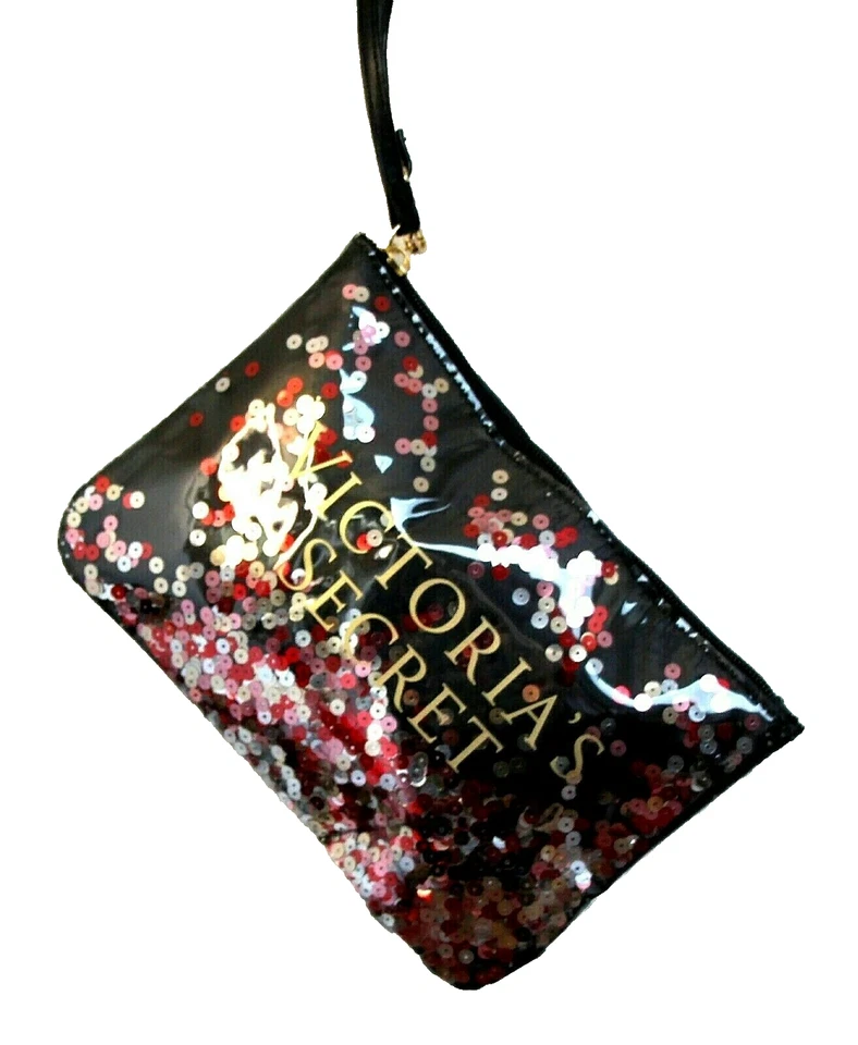 Victoria's Secret LANTEJOULAS PRETAS PV COURO MAQUIAGEM ZÍPER ESTOJO BOLSA COSMÉTICA PULSEIRA - Imagem 1 de 4