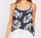 Womens Woven Camisole Top Spaghetti Adjustable Straps In Navy Tropical Leaf Prin