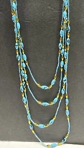 4 Strand Silver Tone Necklace w/ Faux Turquoise & Gold Beads & Earrings Set 38” - Picture 1 of 7