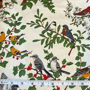 Song Bird Fabric 2 Yard Pc Holly Cardinal Blue Jay Floral Vtg 90s VIP Cranston - Picture 1 of 5