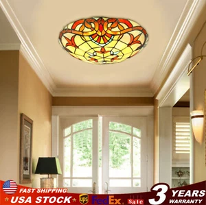 Tiffany Style Ceiling Lamp Flower Motif Stained Glass Flush Mount Light Fixture - Picture 1 of 10