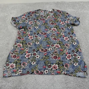 DR2 Blouse Womens Large Blue Pink Floral Short Sleeve Lightweight Peasant  Top - Picture 1 of 16