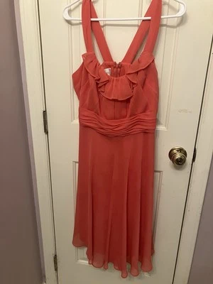 Davids Bridal Bridesmaid Dress F13722 Crinkle Chiffon Gown - Size 12 - Coral - Image 1 of 4