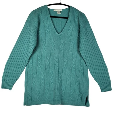 Suéter tejido por cable The Limited para mujer grande verde lana de cordero angora cuello en V Foto 1 de 4