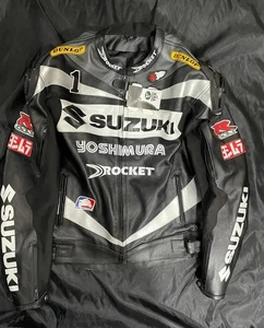 SUZUKI YOSHMURA Black Motorbike Motorcycle Racing Leather Jacket - All Size - Picture 1 of 9