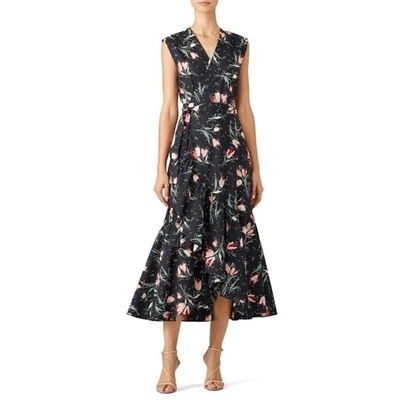 Rebecca Taylor Ikat тюльпан надежном платье галстук талии черный цветочный поплин оборки размер 12 - Изображение 1 из 4
