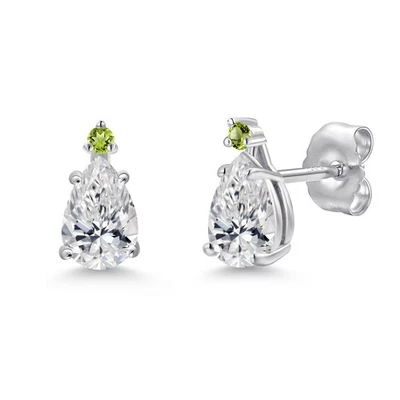 14K White Gold F - G Lab Grown Diamond and Peridot Stud Earrings for Women | - Image 1 of 4