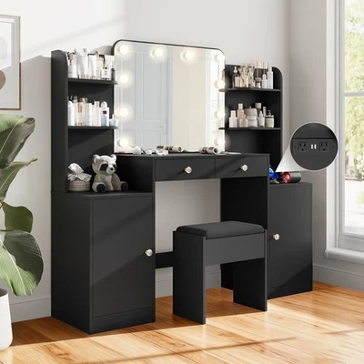 Juego de tocador de maquillaje con estación de carga, espejo y luces para dormitorio Foto 1 de 4